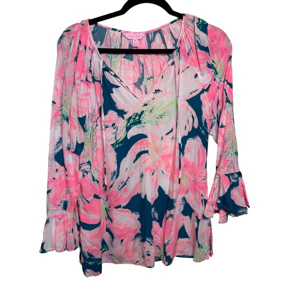 Lilly Pulitzer Tops - Lilly Pulitzer Pink Teal Floral Tunic Blouse –  Size M Resort Boho Vacation Isla